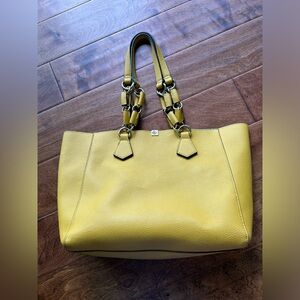 Yellow Leather Tote Bag with Gold Chain and Yellow Leather Link Handles.